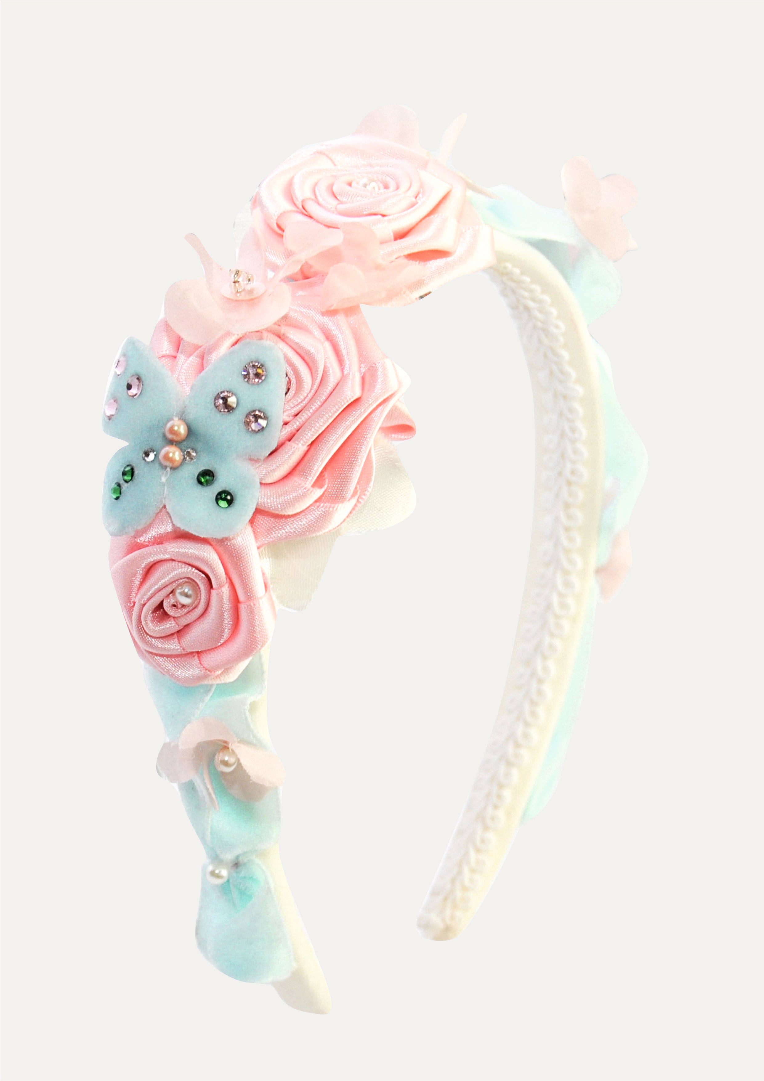 Pink Satin Rose & Blue Butterfly Headband