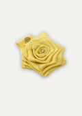 Handmade in UK: Vibrant yellow fabric rose hair clip for girls with a sparkling crystal center and a gold COCETE brand charm.
