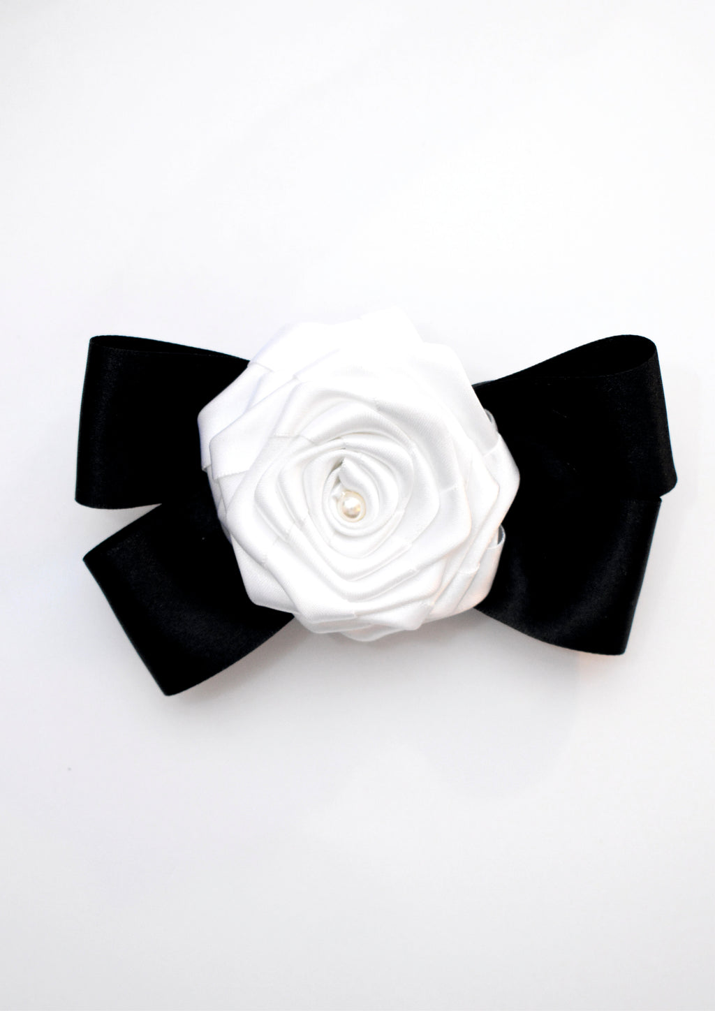 Coquette White Satin Rose Hair Clip with Black Statement Bow & Pearl Center