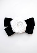 Coquette White Satin Rose Hair Clip with Black Statement Bow & Pearl Center