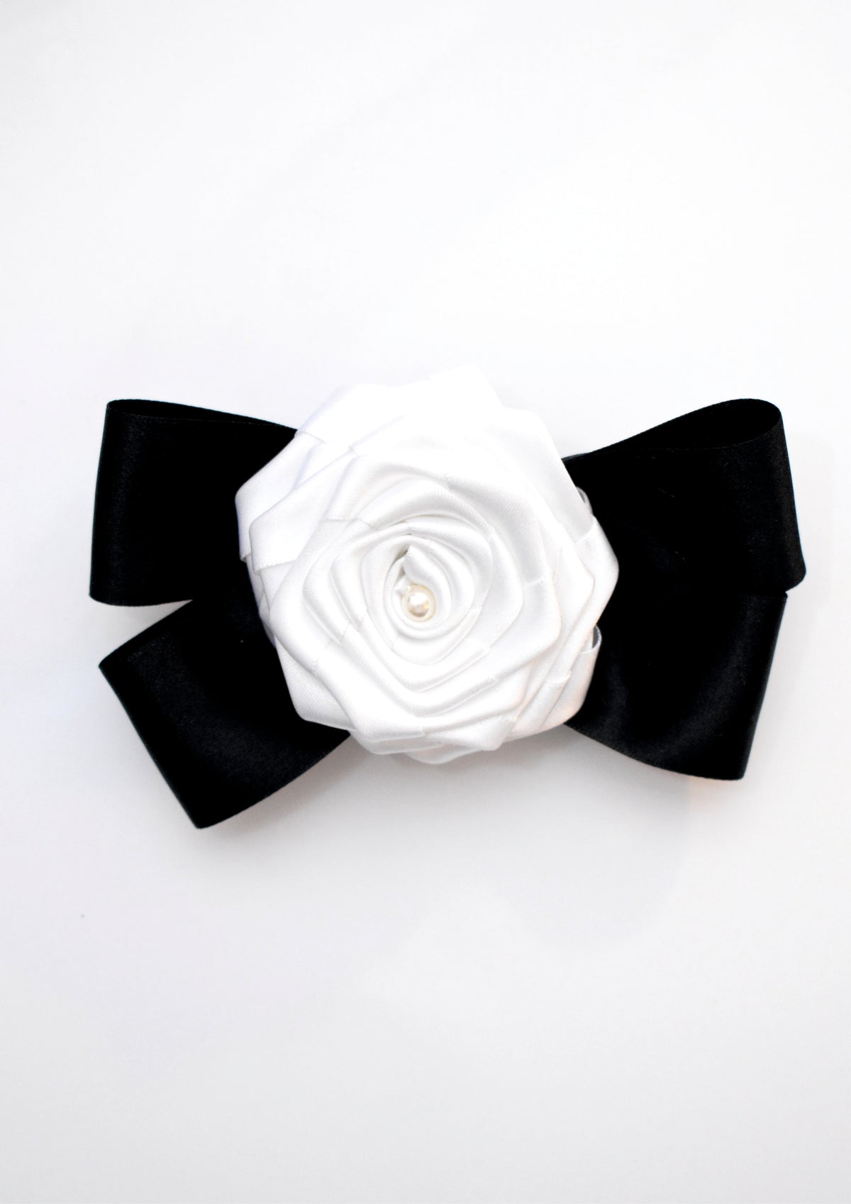 Coquette White Satin Rose Hair Clip with Black Statement Bow & Pearl Center
