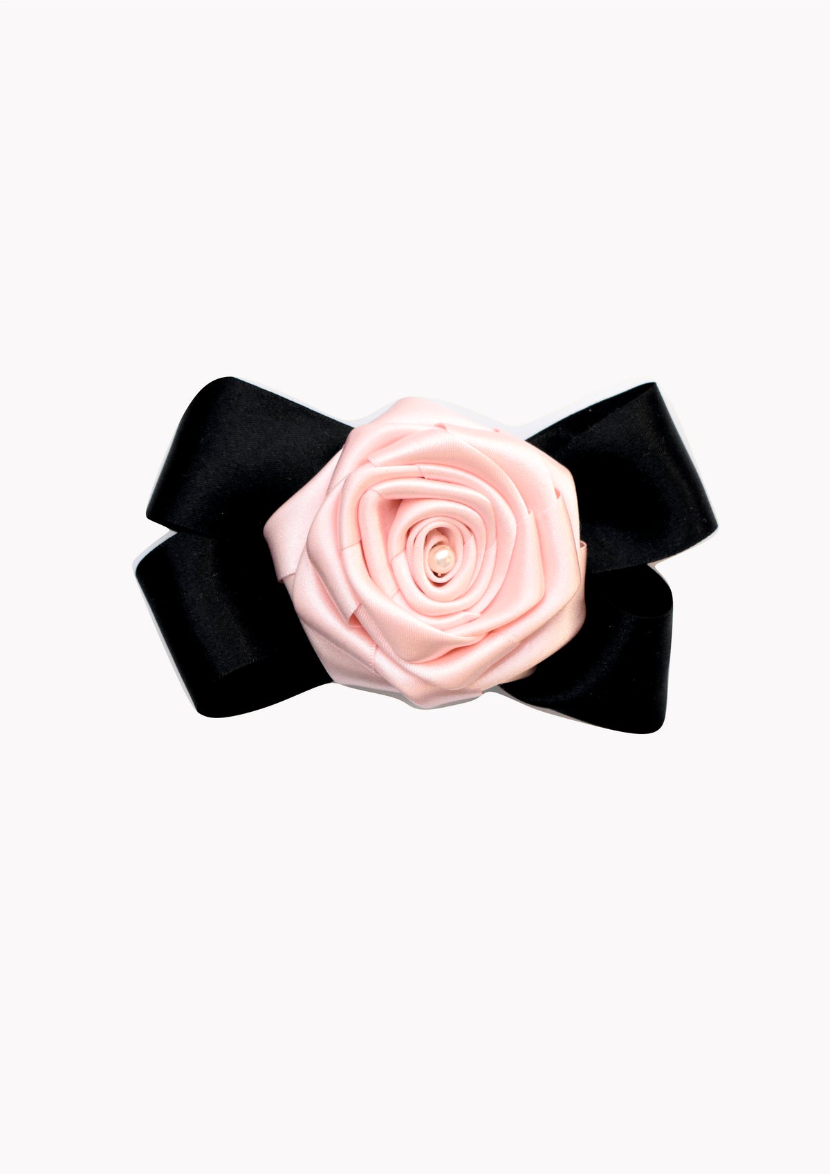 Elegant Hair Bow Clip – Pink Satin Rose with Black Ribbon & Pearl