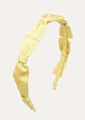 Handmade sunny yellow headband for girls featuring a row of five small grosgrain ribbon bows.