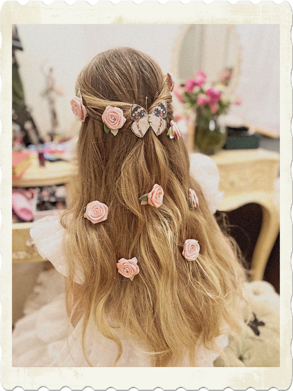 Maria Pink Rose Hair Clip With Green Leaf small