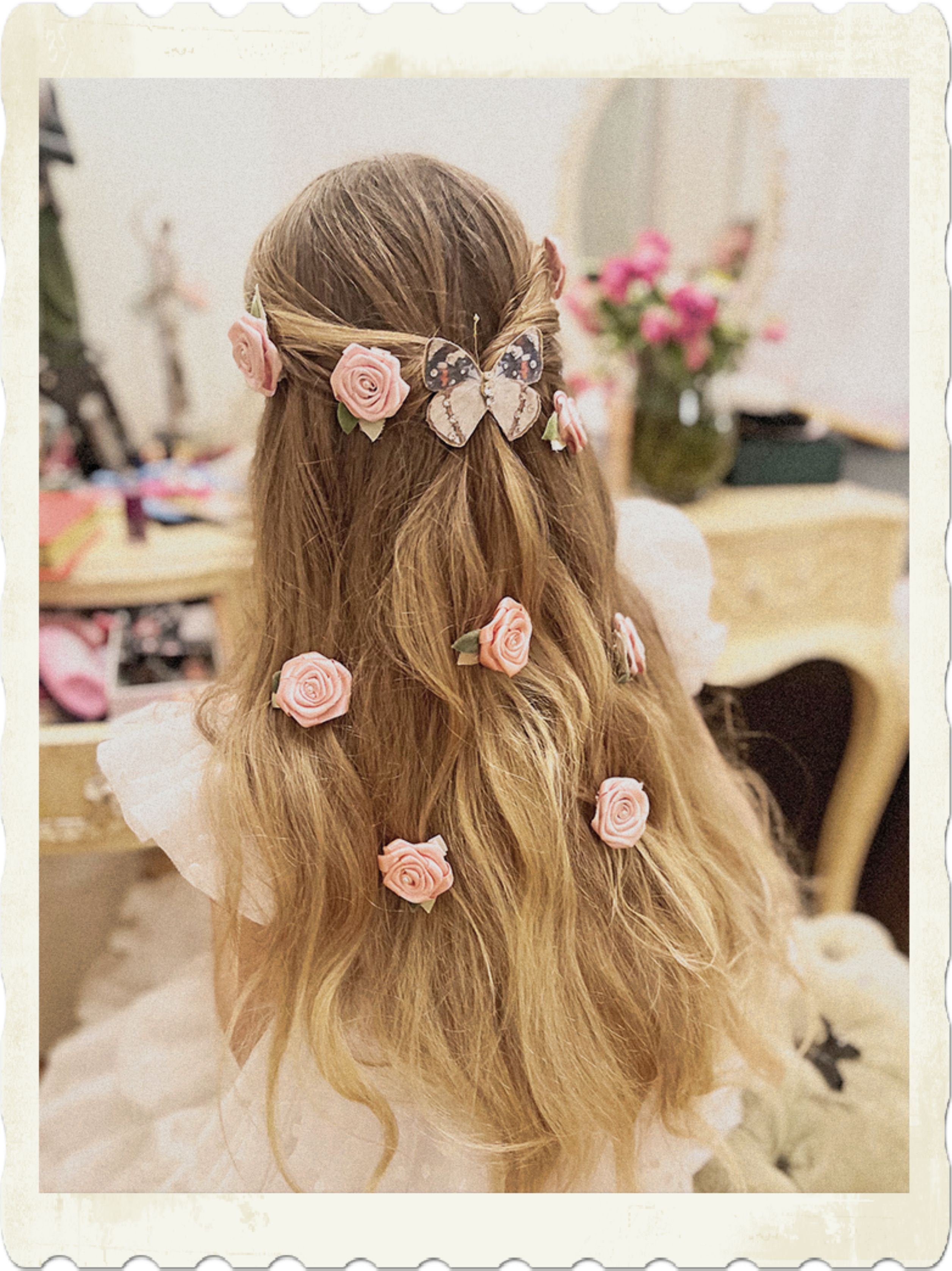 Maria Pink Rose Hair Clip With Green Leaf small