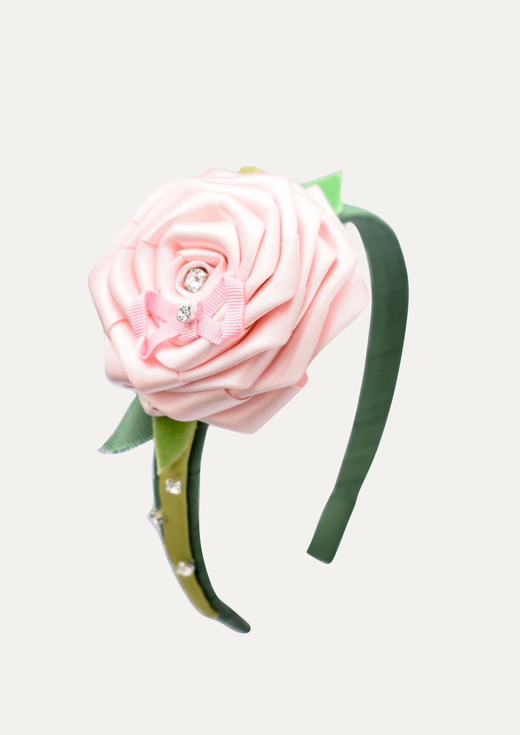 Elegant Pink Satin Rose Headband with Rhinestone Accents