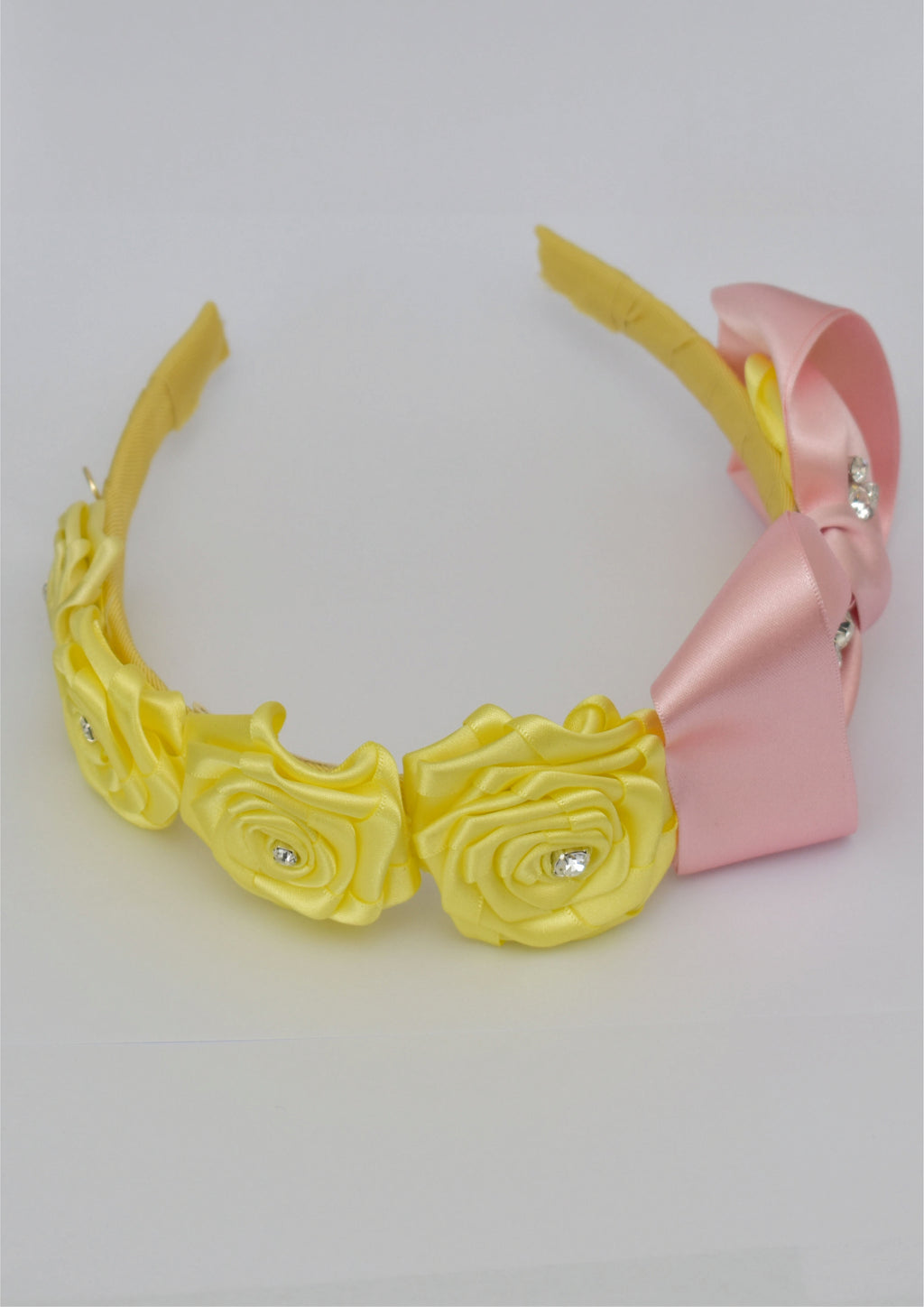Beautiful Hair Hoop With Yellow Roses and Pink Satin Bow Preciosa Crystals