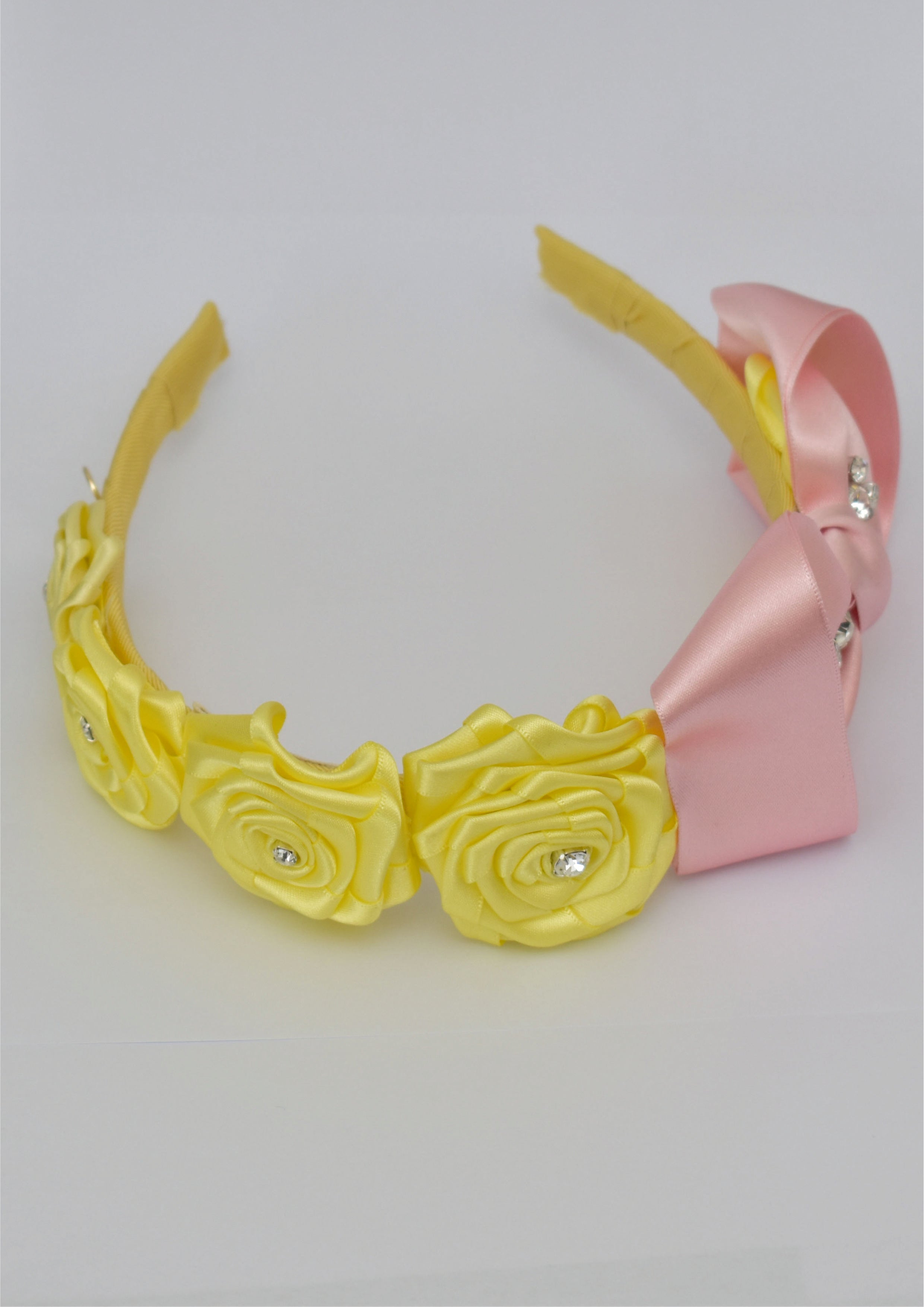 Beautiful Hair Hoop With Yellow Roses and Pink Satin Bow Preciosa Crystals