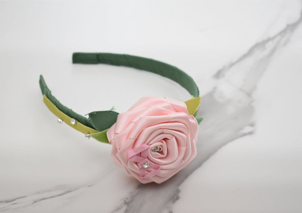 Elegant Pink Satin Rose Headband with Rhinestone Accents