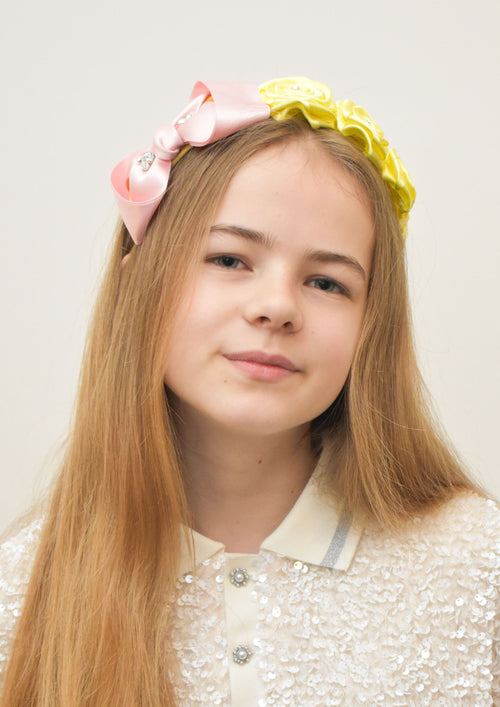 Beautiful Hair Hoop With Yellow Roses and Pink Satin Bow Preciosa Crystals