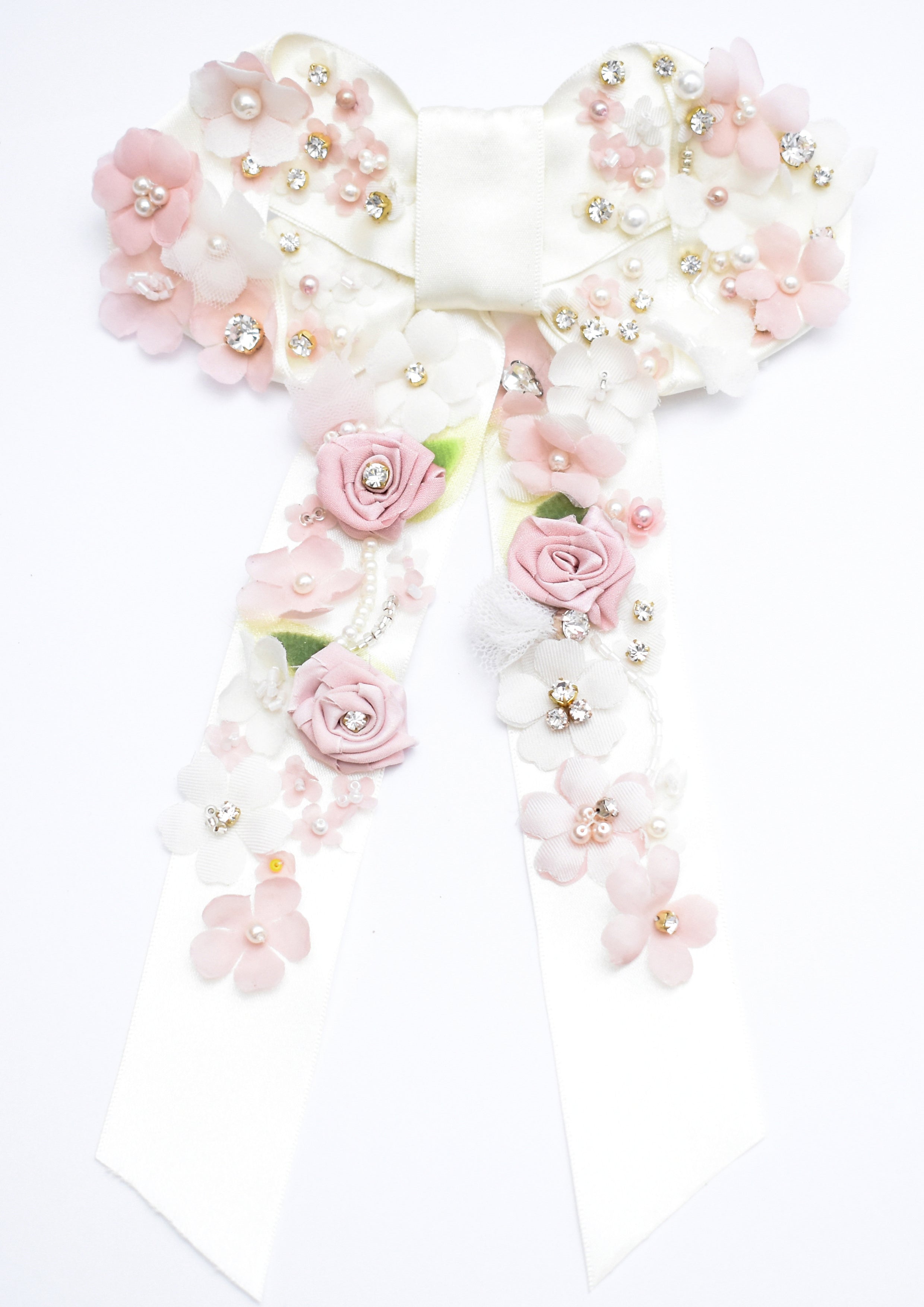 •	Statement hair barrette with embroidery  satin bow
