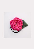 Pink rose hair tie for girls with green leaf and sparkling centre