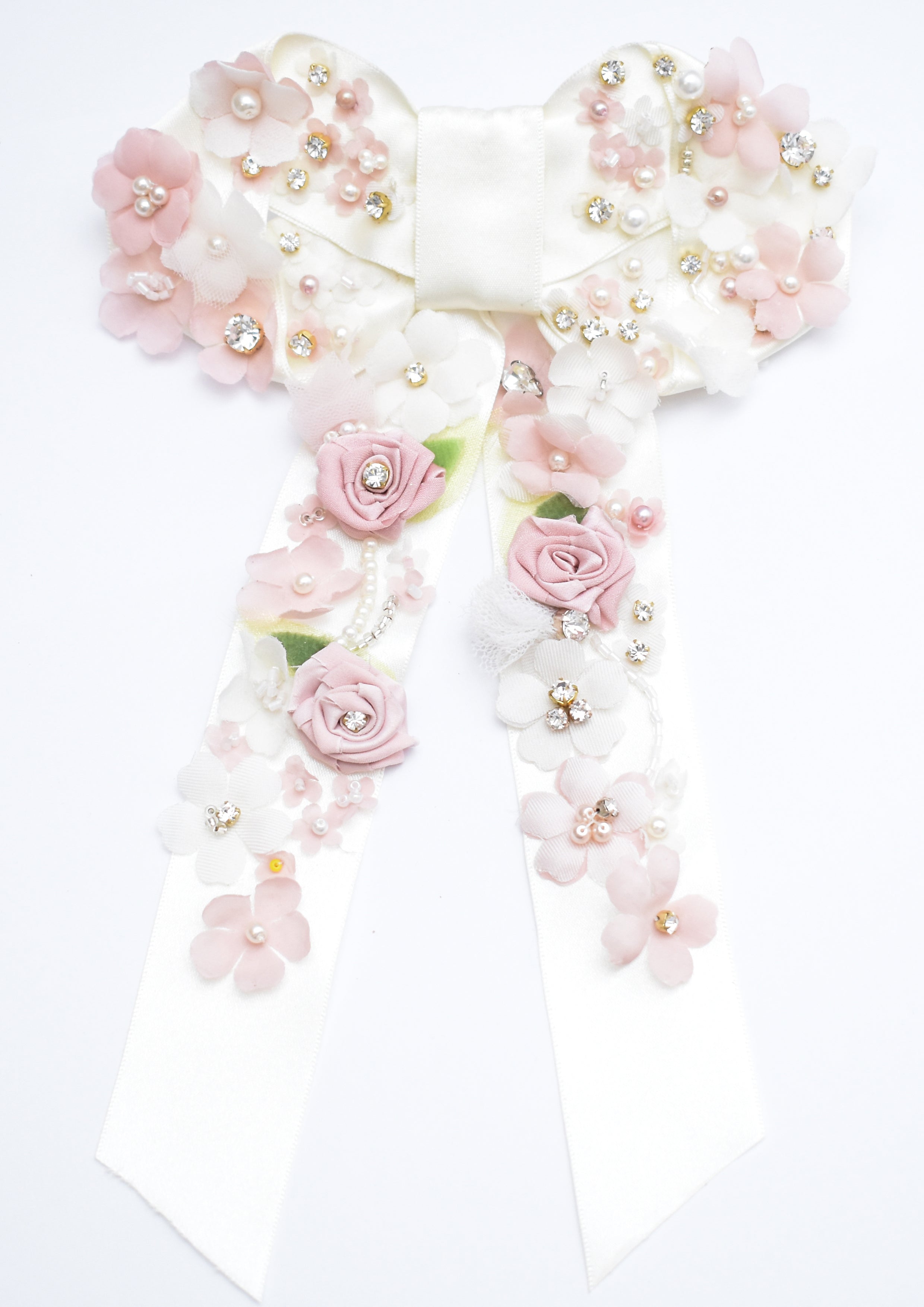 Statement hair barrette with embroidery  satin bow 